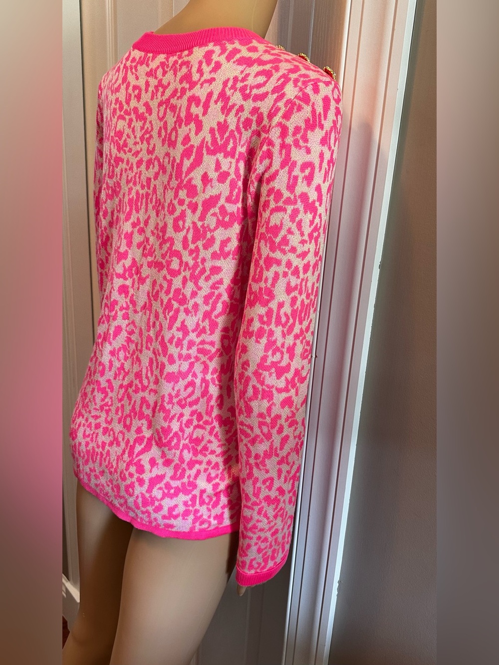 Lilly Pulitzer Hot Pink and Cream Leopard Print Crewneck Sweater - Picture 6 of 8